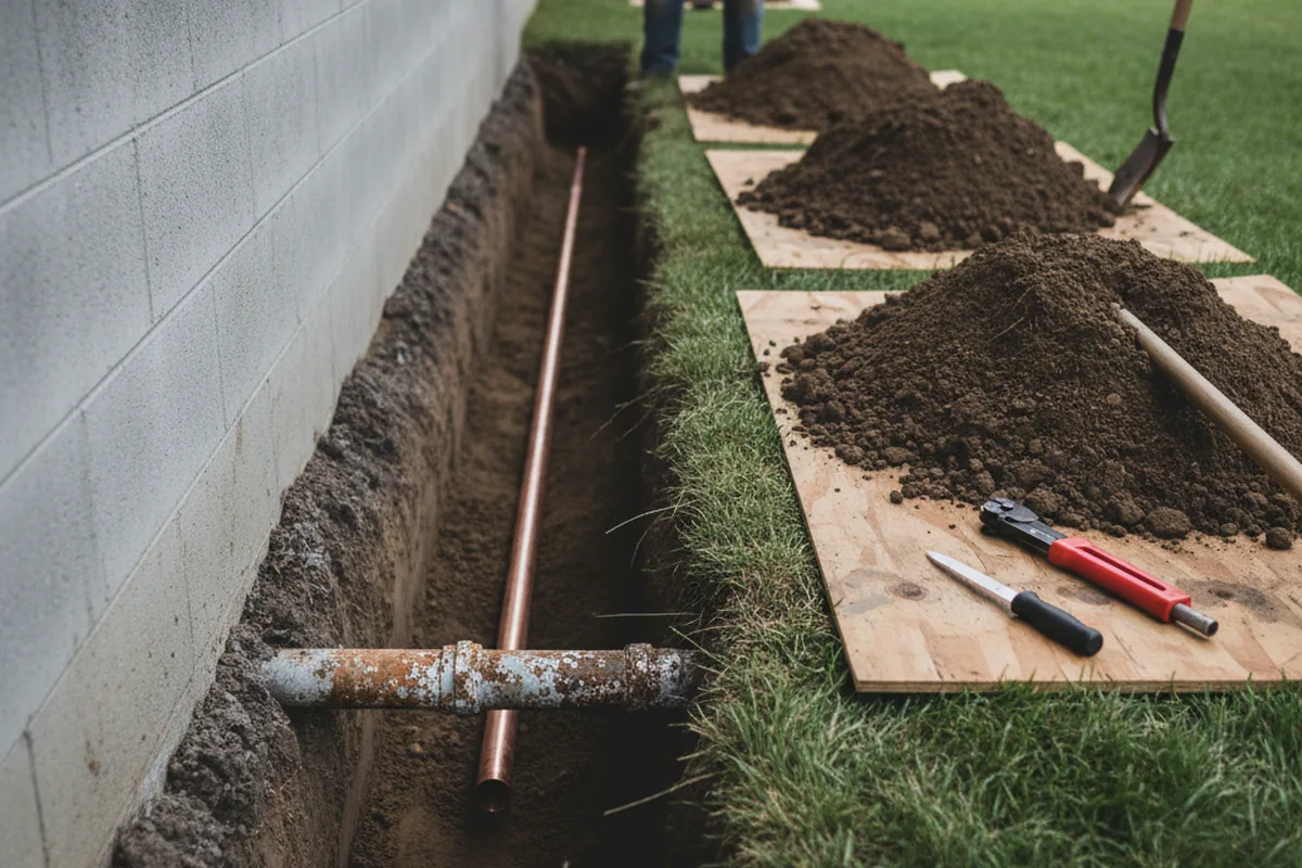 Excavated water line trench during Water Heater Repair in Orleans